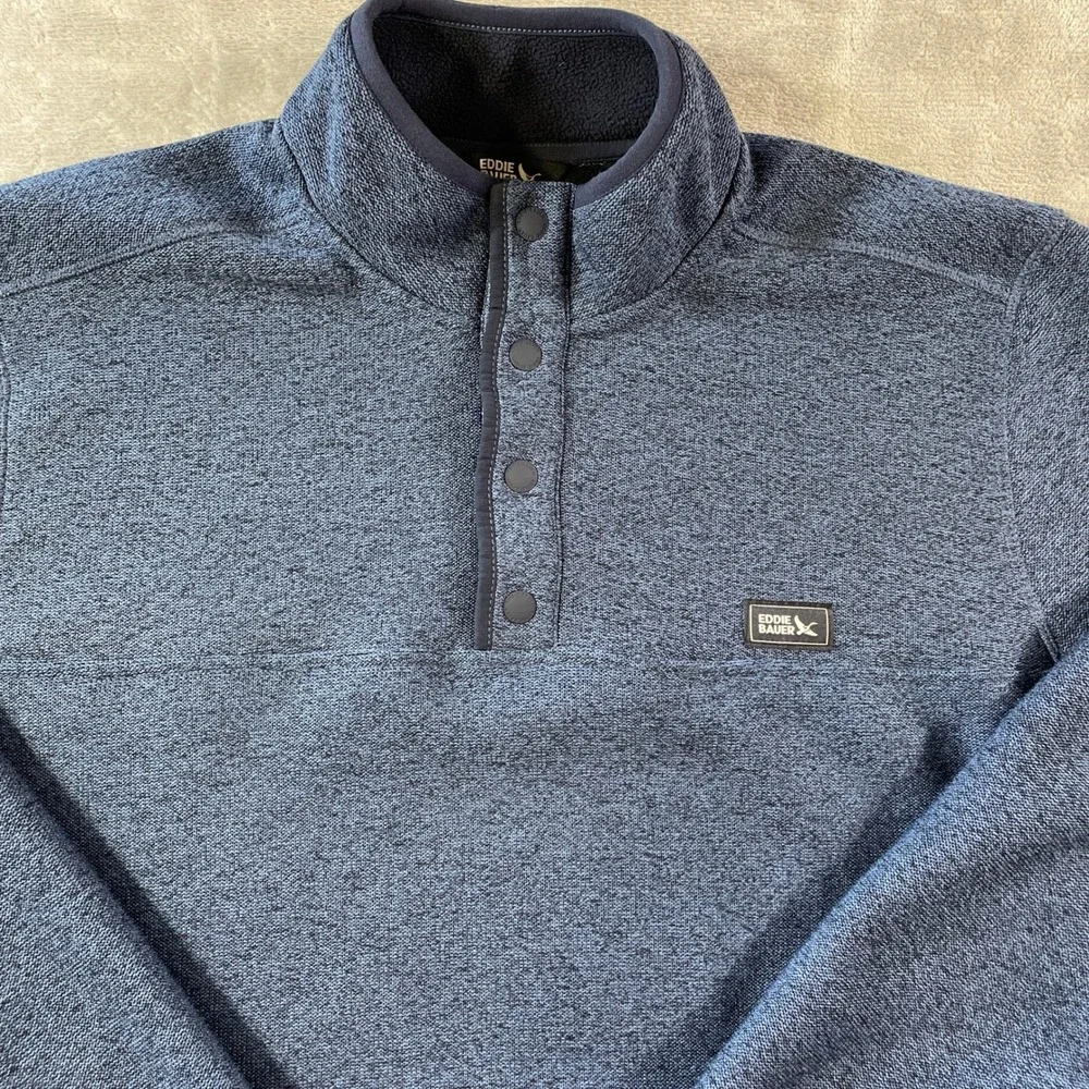 Eddie Bauer  Fleece Pullover Mens Large Heathered Blue Mock Neck School Preppy